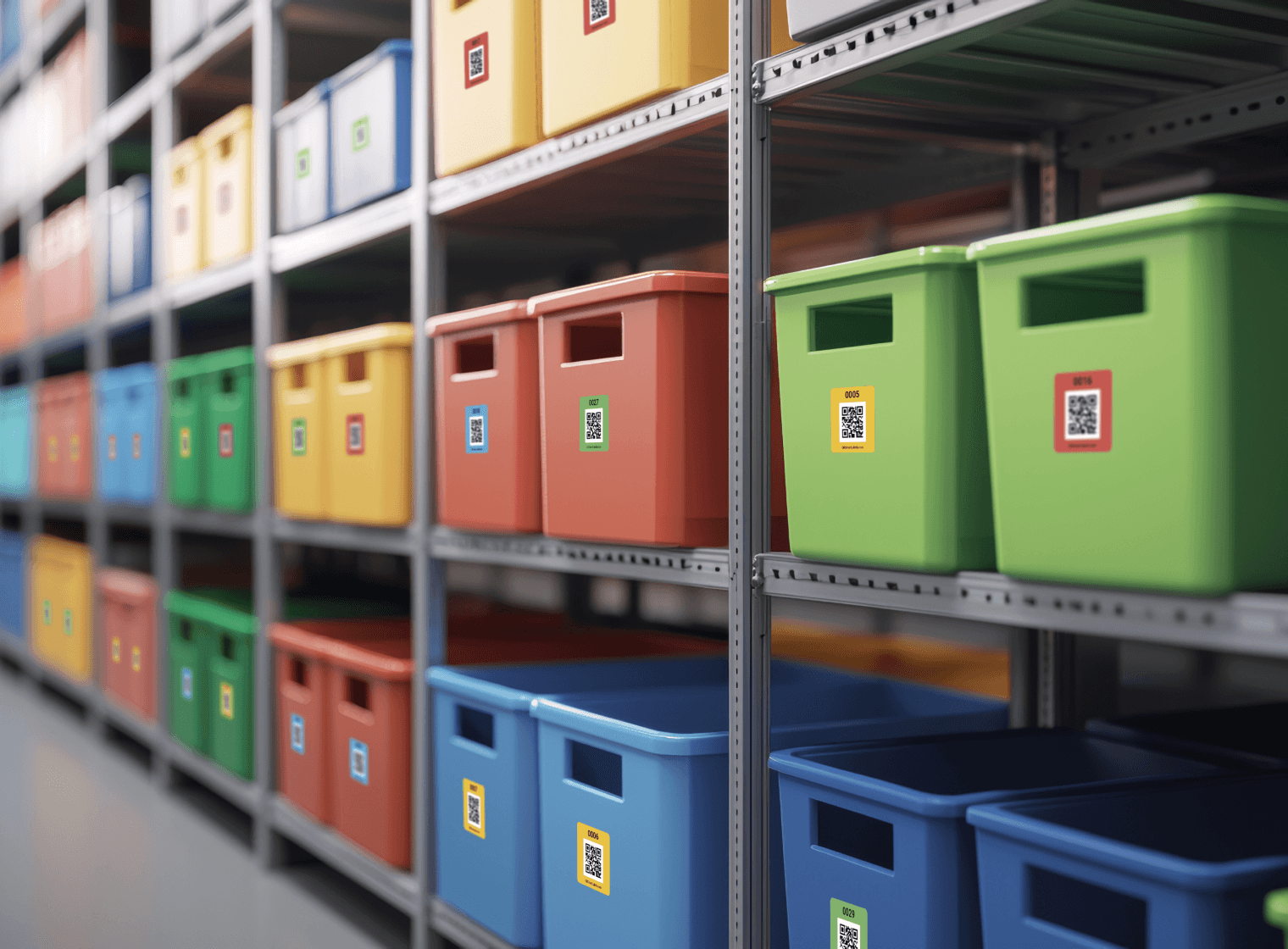 Warehouse shelving with QR-labeled storage bins