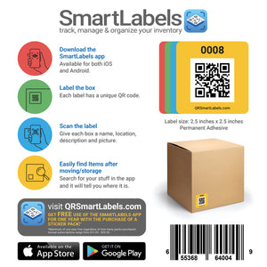 Smart Labels QR Code Stickers Pack of 4 (Starter Pack) Made in USA-QR Code Labels for Storage & Inventory Tracking, Storage Unit Organization,App Stickers for Inventory Organization & Moving Supplies