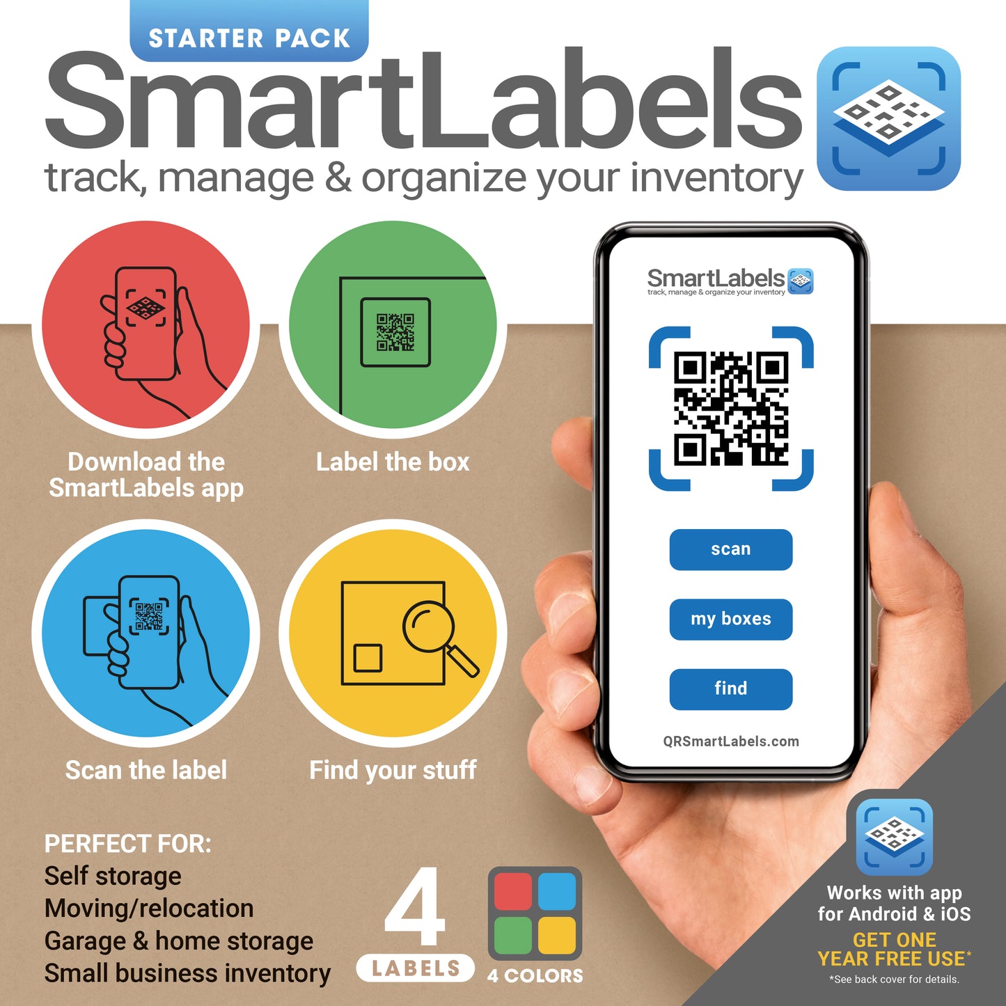 SmartLabels Mini Pack - 4 QR code stickers, 4 colors