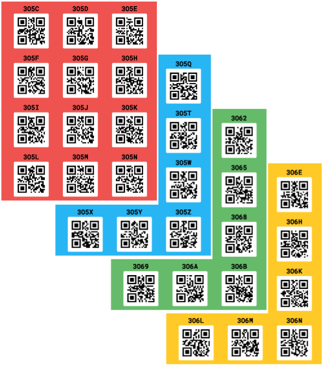 Red, Blue, Green and Yellow QR Code stickers for the Smart Labels App.